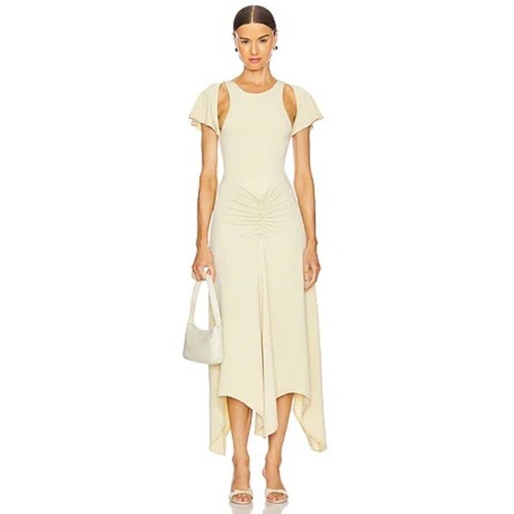 WeWhoreWhat Ruched Asymmetric Midi Dress in Wheat Tan Beige Large